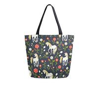 DJNGN Canvas Tote Bag Horse And Floral Carrying Bag Casual Shoulder Bag for Shopping Travel bag Reusable Grocery Bags