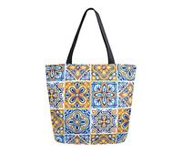 DJNGN Canvas Tote Bag Italian Ceramic Tile Woman Beach Bag Tribal Ethic Shoulder Bag Large Reusable Handbag Lightweight for Shopping Grocery Travel