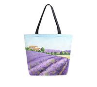 DJNGN Canvas Tote Bag Lavender Flowers Field Woman Beach Bag Rural Provencal House Vintage Shoulder Bag Large Reusable Handbag Lightweight for Shopping Grocery Travel