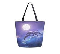DJNGN Canvas Tote Bag Night Ocean Dolphins Woman Beach Bag Full Moon Galaxy Shoulder Bag Large Reusable Handbag Lightweight for Shopping Grocery Travel