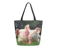 DJNGN Canvas Tote Bag Pigs Grazing On The Grass Field Carrying Bag Casual Shoulder Bag for Shopping Travel bag Reusable Grocery Bags