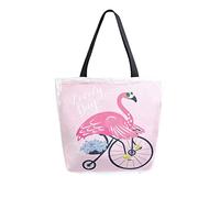 DJNGN Canvas Tote Bag Pink Flaningo Bicycle Woman Beach Bag Summer Blue Flowers Shoulder Bag Large Reusable Handbag Lightweight for Shopping Grocery Travel