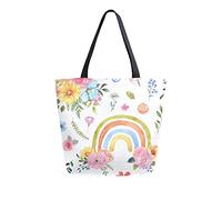 DJNGN Canvas Tote Bag Rainbow Flowers Butterfly Woman Beach Bag Summer Cute Floral Shoulder Bag Large Reusable Handbag Lightweight for Shopping Grocery Travel