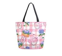 DJNGN Canvas Tote Bag Striped Checkered Floral Woman Beach Bag Provence Style Bicycle Flowers Shoulder Bag Large Reusable Handbag Lightweight for Shopping Grocery Travel