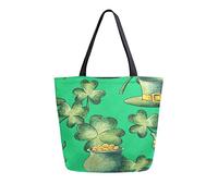 DJNGN Canvas Tote Bag Watercolor Clover Pot Woman Beach Bag Gold Leprechaun Hat Shoulder Bag Large Reusable Handbag Lightweight for Shopping Grocery Travel