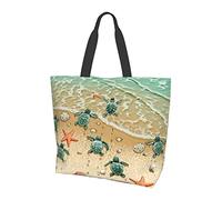 DJNGN Canvas Tote Bags with Inner Pocket,Reusable and Large Capacity Shopping Bags,Cool Washable Tote Bag for Women Teacher Mother - Turtles On The Beach
