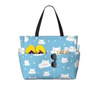 DJNGN Cartoon Cloud Cat Beach Bag Waterproof Beach Tote Bag with Zipper Large Capacity Travel Bag Weekender Bags for Women