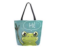DJNGN Cartoon Frog Says Hi Canvas Tote Bag Reusable Grocery Bags Tote Carrying Bag with Handles