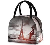 DJNGN Chic Paris Eiffel Tower Man on Retro Bike Reusable Lunch Tote Bag Insulated Thermal Cooler Container Bag for Back to School Work Picnic Travel Fishing Beach