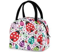 DJNGN Colorful Cute Ladybugs Flowers Reusable Lunch Hand Bag with Front Pocket Insulated Thermal Zipper Closure Cooler Container Bag for School Work Picnic Travel Fishing Beach