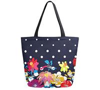 DJNGN Colorful Flowers Polka Dot Reusable Grocery Shopping Bag Canvas Tote Bag Large Collapsible Washable Handbag Shoulder for Women