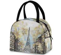 DJNGN Colors Painting Eiffel Tower Paris Streetscape Lunch Tote Bag with Front Pocket Reusable Insulated Thermal Zipper Closure Cooler Container Bag for School Work Picnic Travel Fishing Beach