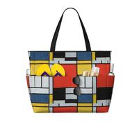 DJNGN Composition In Red Yellow Blue And Black Print Beach Tote Large Capacity Travel Bag Waterproof Sandproof And Lightweight