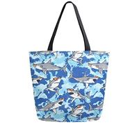DJNGN Cool Shark Camouflage Reusable Grocery Shopping Bag Canvas Tote Bag Large Collapsible Washable Handbag Shoulder for Women