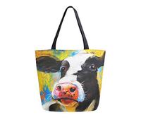 DJNGN Cow Oil Print Reusable Grocery Shopping Bag Heavy Duty Canvas Tote Bag Large Collapsible Washable Handbag Shoulder for Women