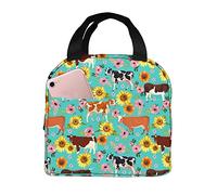 DJNGN Cow Sunflower Flower Portable Lunch Bag Woman Waterproof Tote Shoulder Bags Small Handbags Purses Lunch Box,Shopping Office/Picnic/Travel/Camping