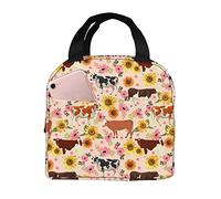 DJNGN Cow Sunflower Flower Portable Lunch Bag Woman Waterproof Tote Shoulder Bags Small Handbags Purses Lunch Box,Shopping Office/Picnic/Travel/Camping