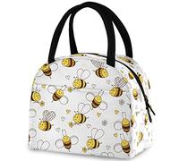 DJNGN Cute Bee Hearts Flowers Floral Reusable Lunch Tote Bag with Front Pocket Zipper Closure Insulated Thermal Cooler Container Bag for School Work Picnic Travel Fishing Beach