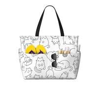 DJNGN Cute Cartoon Cat Large Beach Tote Bag For Women With Zipper & Wet Pocket, Lightweight Foldable Gym Tote For Travel, Grocery, Swim, Sports