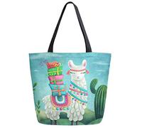 DJNGN Cute Llama with Gift Box Cactus Print Extra Large Canvas Shoulder Tote Top Storage Handle Bag for Gym Beach Weekender Travel Reusable Grocery Shopping