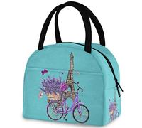 DJNGN Eiffel Tower Bicycle Lavender Flowers Paris Reusable Lunch Tote Bag with Front Pocket Insulated Thermal Zipper Closure Cooler Container Bag for School Work Picnic Travel Fishing Beach