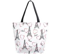 DJNGN Eiffel Tower Love Heart Reusable Grocery Shopping Bag Canvas Tote Bag Large Collapsible Washable Handbag Shoulder for Women