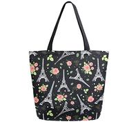 DJNGN Eiffel Tower Rose Floral Reusable Grocery Shopping Bag Canvas Tote Bag Large Collapsible Washable Handbag Shoulder for Women