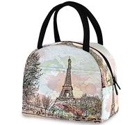 DJNGN Eiffel Tower Sketch Paris Reusable Lunch Tote Bag with Front Pocket Insulated Thermal Cooler Container Bag for Back to School Work Picnic Travel Fishing Beach