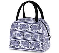 DJNGN Ethnic Elephants Retro Reusable Lunch Tote Bag with Front Pocket Insulated Thermal Zipper Closure Cooler Container Bag for School Work Picnic Travel Fishing Beach