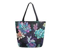 DJNGN Exotic Succulents On Black Canvas Tote Bag Women Casual Shoulder Handbag Shopping Bag