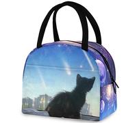 DJNGN Fantastic Wonderful Sky Black Cat Reusable Lunch Tote Bag with Front Pocket Insulated Thermal Cooler Container Bag for Back to School Work Picnic Travel Fishing Beach