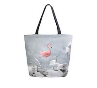 DJNGN Flamingo And White Birds Canvas Tote Bag Reusable Grocery Bags Tote Carrying Bag with Handles