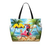 DJNGN Flamingo Large Beach Bag For Women Waterproof Sandproof Zipper Beach Tote Bag For Pool Gym Travel with Wet Pocket
