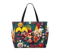 DJNGN Flower Heart Chicken Print Spacious Travel Beach Bag,Versatile Anti-Sand Beach Tote,For All Your Needs, Black
