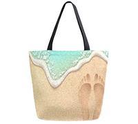 DJNGN Footprint on The Beach Reusable Grocery Shopping Bag Canvas Tote Bag Large Collapsible Washable Handbag Shoulder for Women