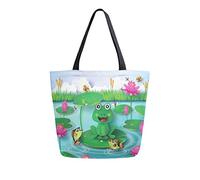 DJNGN Frog In The Pond And Blossom Lotus Canvas Tote Bag Reusable Grocery Bags Tote Carrying Bag with Handles