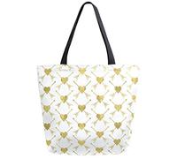 DJNGN Golden Love Heart Arrow Reusable Grocery Shopping Bag Canvas Tote Bag Large Collapsible Washable Handbag Shoulder for Women