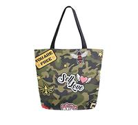 DJNGN Green Army Camouflage Badges Canvas Tote Bag Tote Carrying Bag Shoulder Bag for Shopping Travel bag Reusable Grocery Bags