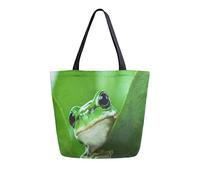 DJNGN Green Frog PeekingFrom Behind The Leaves Canvas Tote Bag Reusable Grocery Bags Tote Carrying Bag with Handles