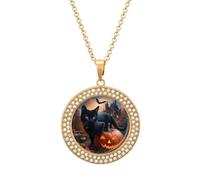 DJNGN Halloween Pumpkin Black Cat Castle Colorful Diamond Necklace Dainty Round Pendant Necklaces Jewelry Gifts for Women
