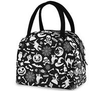 DJNGN Halloween Skulls Black Cat Bats Reusable Lunch Tote Bag with Front Pocket Zipper Closure Insulated Thermal Cooler Container Bag for School Work Picnic Travel Fishing Beach