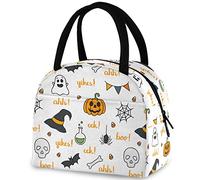 DJNGN Halloween Words Skulls Pumpkin Ghost Reusable Lunch Tote Bag with Front Pocket Insulated Thermal Zipper Closure Cooler Container Bag for School Work Picnic Travel Fishing Beach