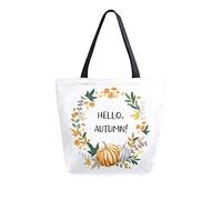 DJNGN Hello Autumn Wreath Orange Gray Pumpkin Leaves Canvas Tote Bag Women Casual Shoulder Handbag Large Reusable Shopping Grocery Bag