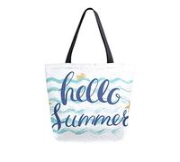 DJNGN Hello Summer Blue Wavy Canvas Tote Bag Women Casual Shoulder Handbag Large Reusable Shopping Grocery Bag