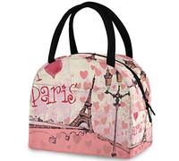DJNGN I Love Paris Hearts Eiffel Tower Reusable Lunch Tote Bag with Front Pocket Insulated Thermal Cooler Container Bag for Back to School Work Picnic Travel Fishing Beach