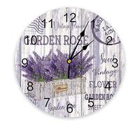 DJNGN Lavenders Wall Clock, Battery Operated PVC Hanging Clock, Wall Clock for Kitchen Living Room Bedroom Round 9.8inch, Purple Floral Flowers on Retro Wooden