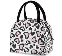 DJNGN Leopard Pink Hearts Pattern Reusable Lunch Hand Bag with Front Pocket Insulated Thermal Zipper Closure Cooler Container Bag for School Work Picnic Travel Fishing Beach