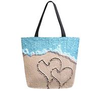 DJNGN Love Heart Sand Beach Reusable Grocery Shopping Bag Canvas Tote Bag Large Collapsible Washable Handbag Shoulder for Women