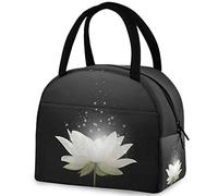 DJNGN Magic White Lotus Flower Black Reusable Lunch Tote Bag with Front Pocket Zipper Closure Insulated Thermal Cooler Container Bag for Work Picnic Travel Beach Fishing