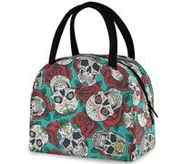 DJNGN Mexican Day Dead Sugar Skulls Reusable Lunch Tote Bag with Front Pocket Insulated Thermal Zipper Closure Cooler Container Bag for School Work Picnic Travel Fishing Beach